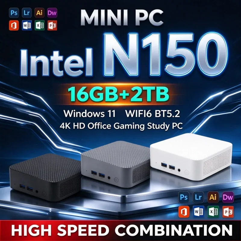 Energy Saving Intel N150 Small Form Factor Mini PC 16GB RAM 1TB 2TB SSD Windows 11 WiFi 6 BT5.2 Mini Host Home Office Gaming PC