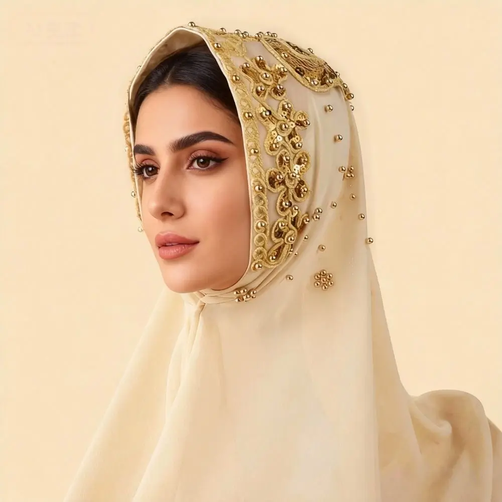 

Шелковые платки-хиджабы с жемчугом и шифоном, длинные платки с золотыми бусинами, исламские тюрбаны, солнцезащитные широкие женские головные платки, на Ид аль-Фитр