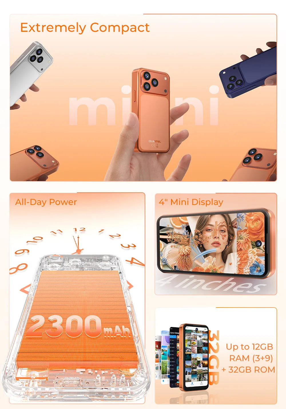 OUKITEL C17 mini Mini Smartphone, Up to 12GB RAM (3+9) + 32GB ROM, Ultra Compact Pocket Small Phone, 4" Mini Display, 2300mAh Battery, Gemini AI, Unlocked Android Mobile Phone