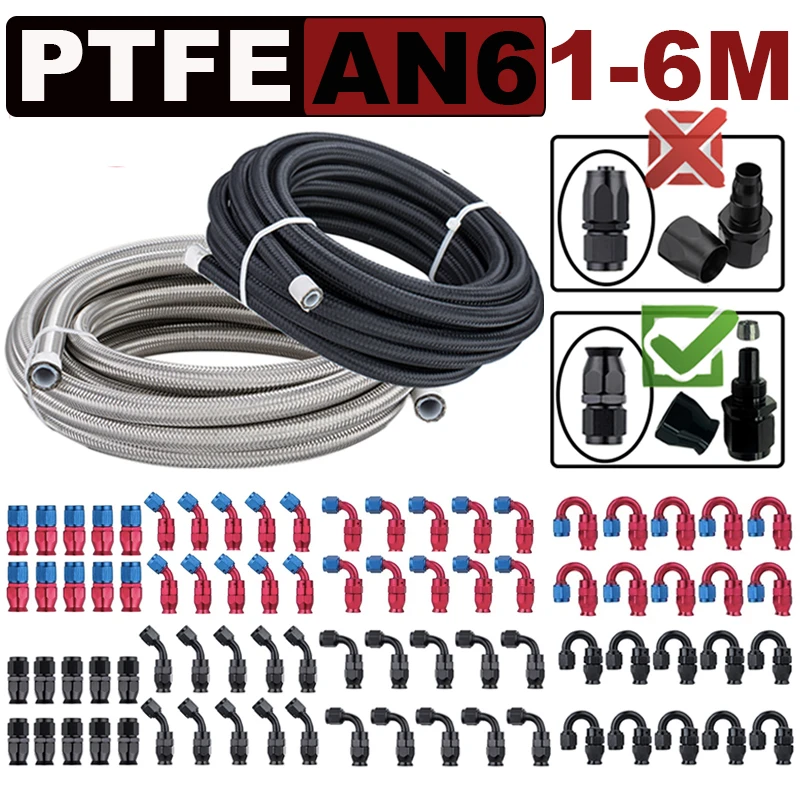 

1~6M AN6 6AN Nylon Stainless Steel PTFE Brake Hose E85 Engine Fuel Oil Turbo Cooler Line Pipe Tube Swivel Hose End Fittings