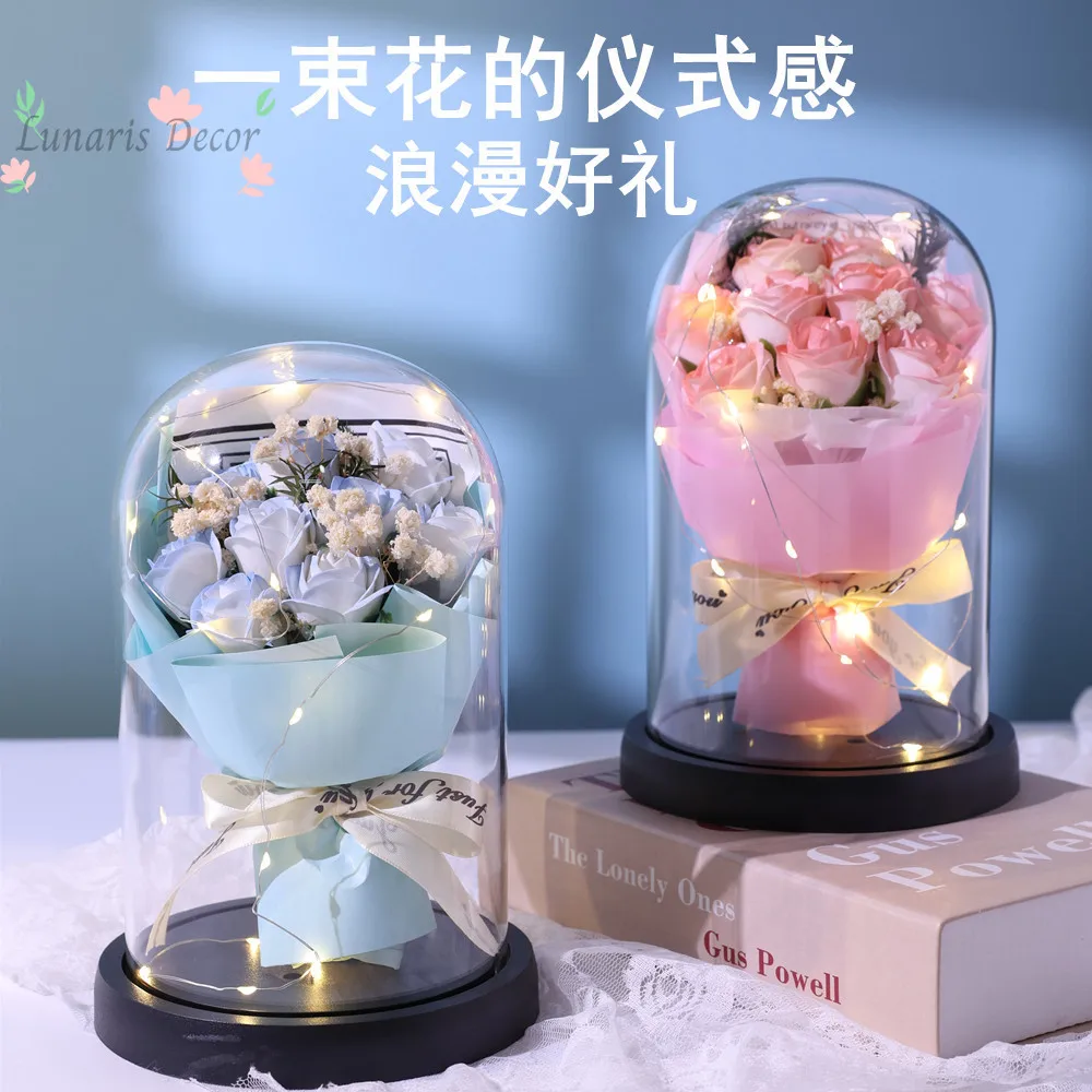 Preserved rose glass dome arrangement - 9 roses dried flower bouquet - valentine's day gift for wife