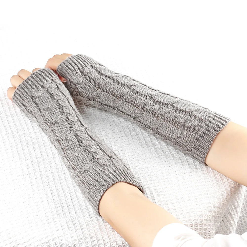 Winter Warm Twist Knitted Arm Sleeve For Women Solid Color Long Fingerless Glove Elastic Arm Cover Punk Elbow Half Finger Mitten