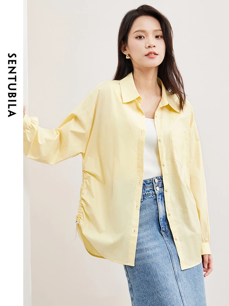 

SENTUBILA Spring Yellow Cotton 100% Polo Collar Shirt 2024 Side Shirring Button Up Casual Loose Drop Sleeve Blouse W41C53602