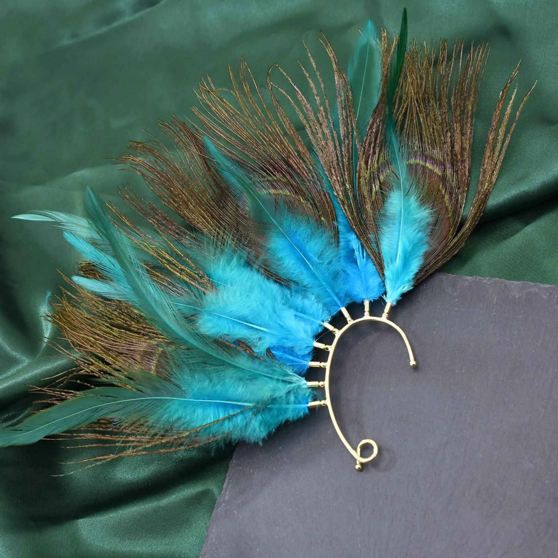 Peacock Feathers Women Ear Cuff Exaggerated Indian Ethnic Aolly Statement Clips Earrings Accessories