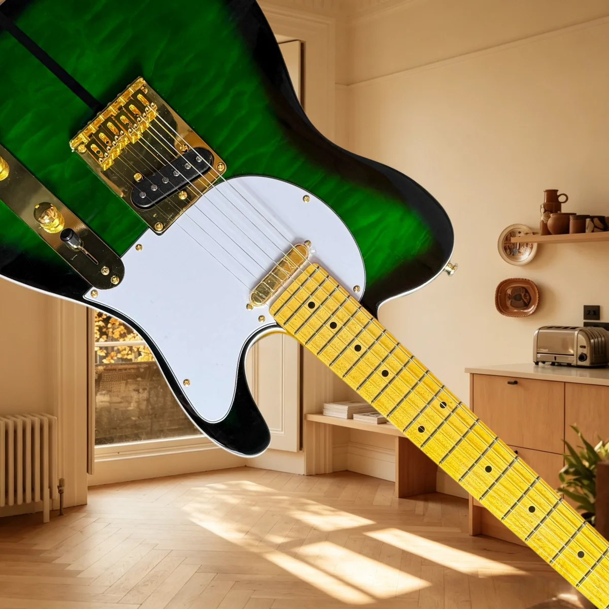Deutsches Lager, feste Brücke, grüne Gitarre, Ahornhals, S-Tonabnehmer, geeignet für verschiedene Szenarien, Performance