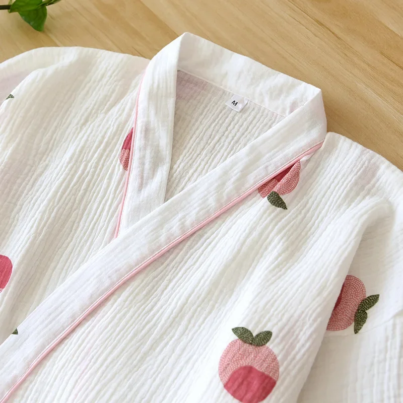 Japanese Kimono Spring And Autumn Womens Peach Print Loose Pajamas Suit 100% Cotton 2-Piece Home Service Cute Thin pijama mujer