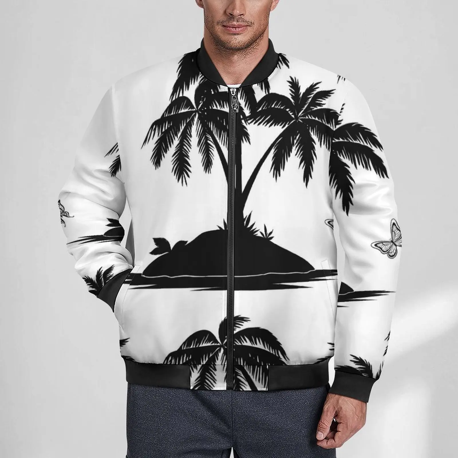 

Palm Tree Print Casual Jackets Butterfly Print Hooded Windbreakers Man Custom Coats Autumn Aesthetic Loose Jacket Plus Size 6XL