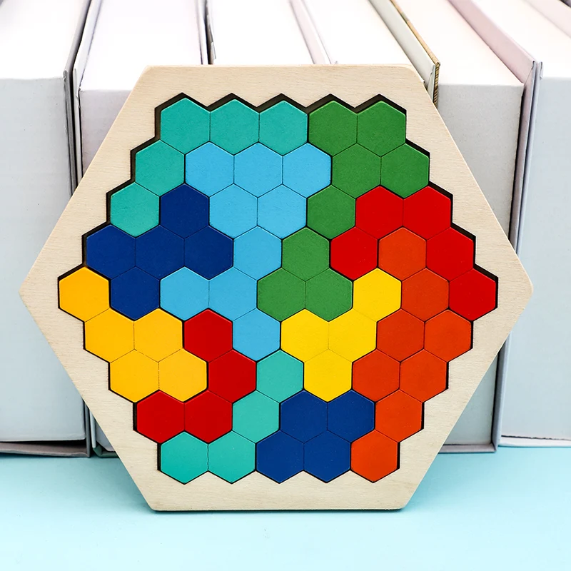 Wooden Hexagon Puzzle for Kid Shape Pattern Block Tangram Brain Teaser Toy Geometry Logic IQ Game Montessori Educational Gift