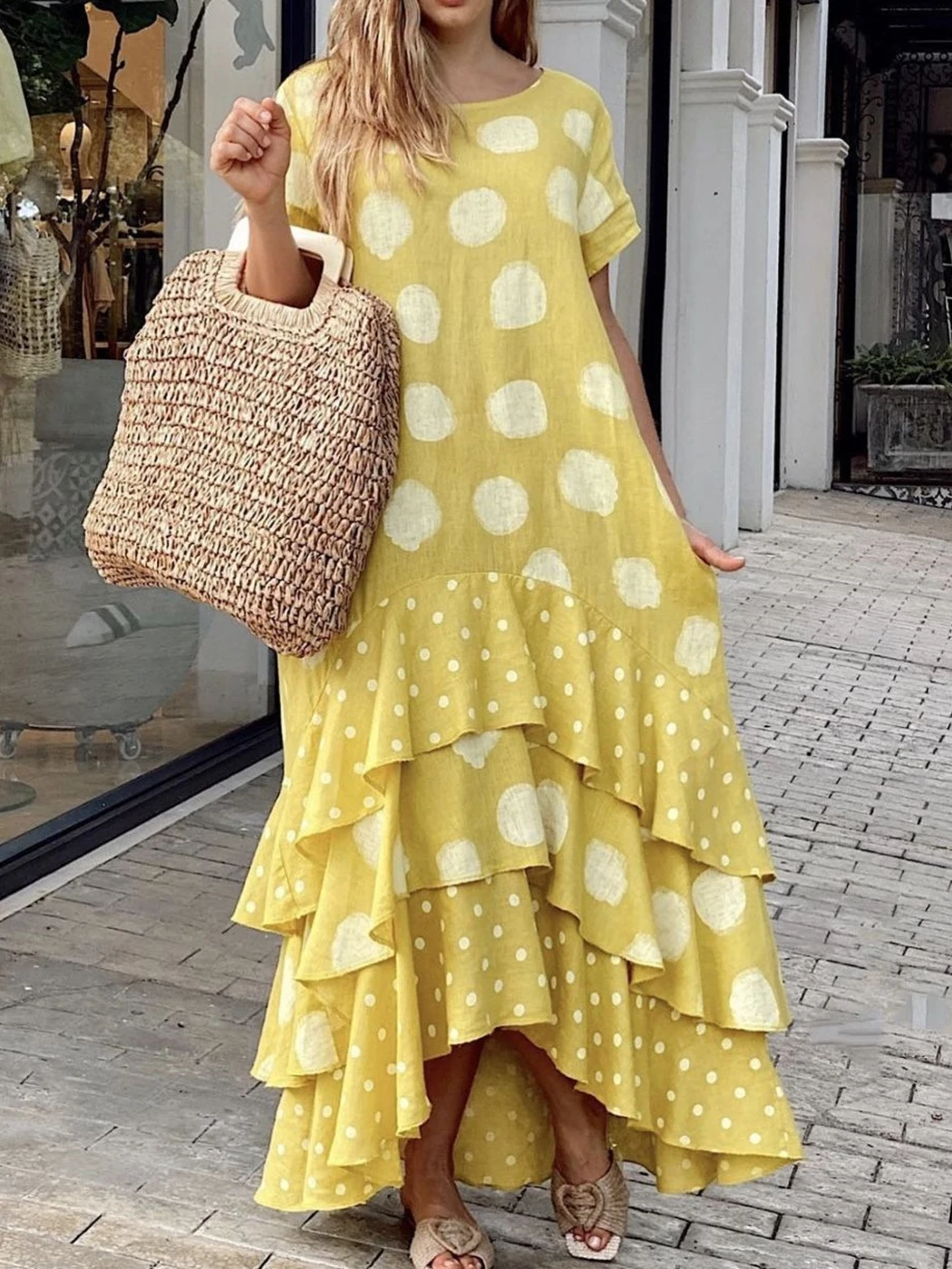 

Jastie Boho Polka Dot Multilayer Ruffles Women Dress Summer Short Sleeve O-neck Long Dresss For Women Beach Holiday Maxi Dresses