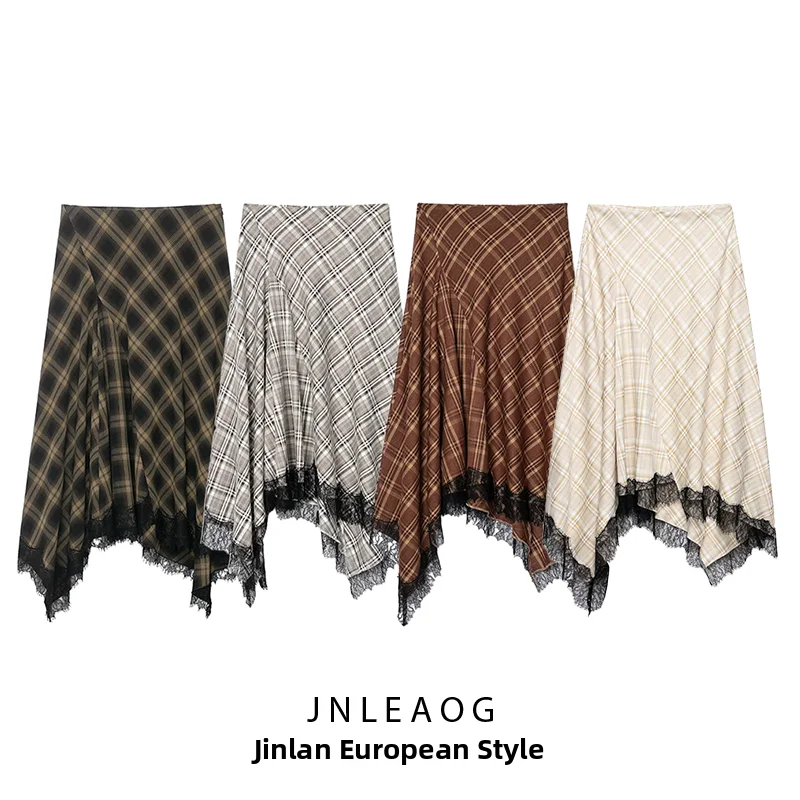 JNLEAOG Summer New Women's Fashion Limited Edition Plaid Lace Skirt High Waist Asymmetric Polyester Fiber Ladies Skirts