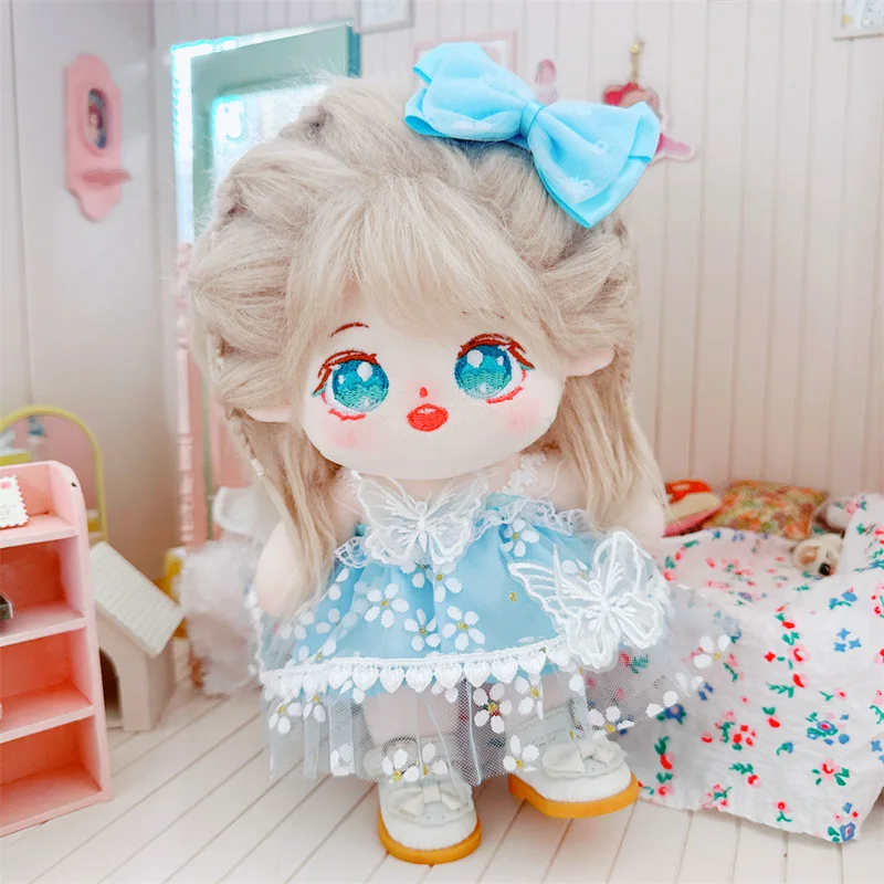 20cm  Cartoon Cute Stuffed Cotton Fat Body Idol Dolls Toys Kawaii 2Pcs Blue Dress Bow Suit Princess Shoes DIY Clothes Accessory