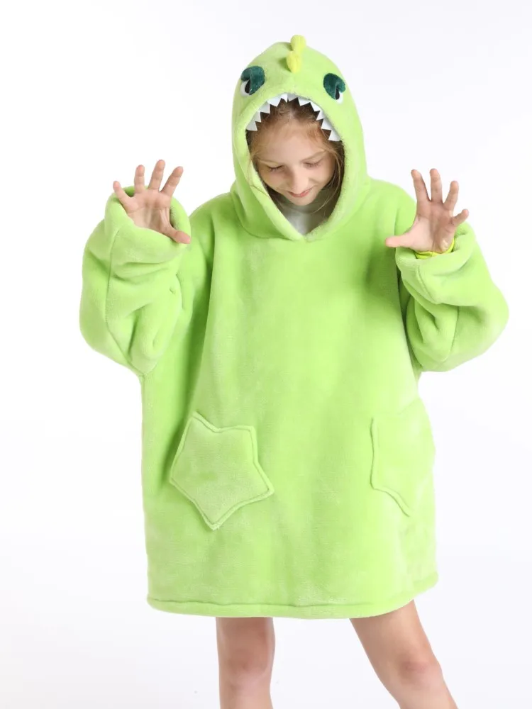 Boys and Girls Green Dinosaur Animal Kigurumi Oversized Hoodie Winter Warm Thick Fleece Sweatshirts Pullover Sherpa TV Blankets