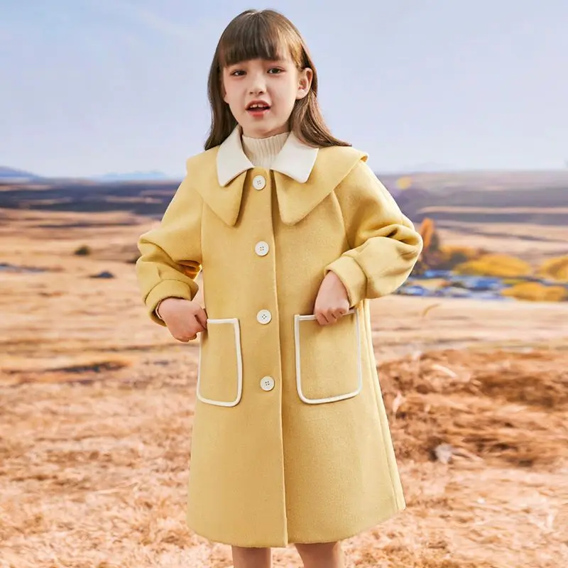 Girls Woolen Coat Autumn and Winter New Middle-aged and Young Children Fashion Woolen Windbreaker Girls Long Woolen Coat