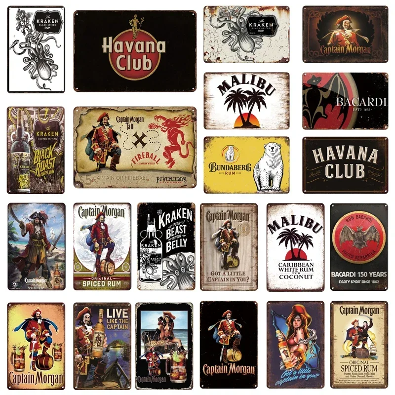 Retro Tin Sign Rum Brand Vintage Metal Signs Captain Morgan Funny Poster Bacardi Plate Sign for Bar Pub Club Man Cave Wall Decor