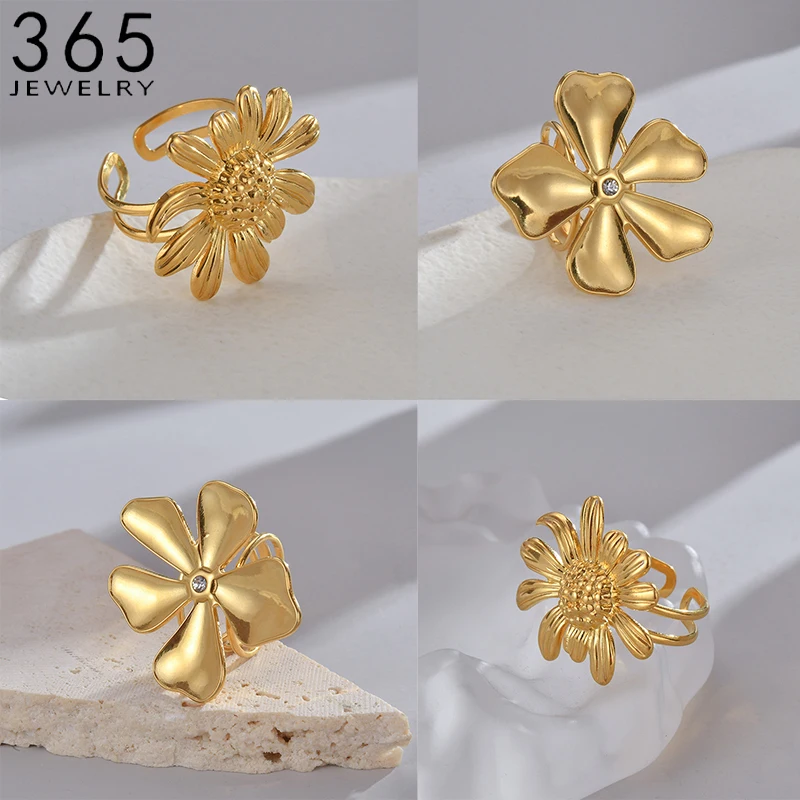 New Fashion Cute Sunflower Stainless Steel Gold Color Open Ring For Women Girls Wedding Memorial Day Jewelry Gift