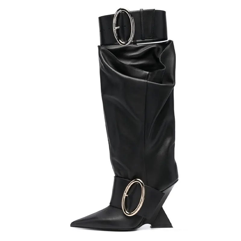 

Catwalk Soft Leather Slip-On Over-The-Knee Boots Special Wedge Heel Pointed Toe Large Size Botines Metal Buckle Women's Shoes