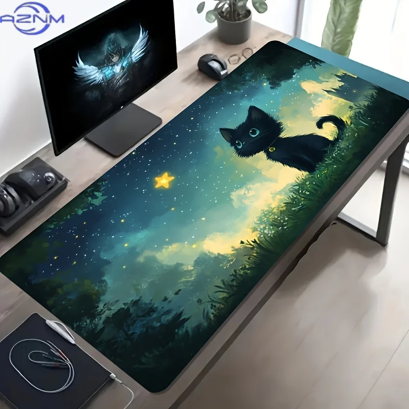 Magical Starry Woods Kitten Gaming Mouse Pad, Glitter Star Black Cat Art Print Non Slip Mat for Home Office Desktop Accessories