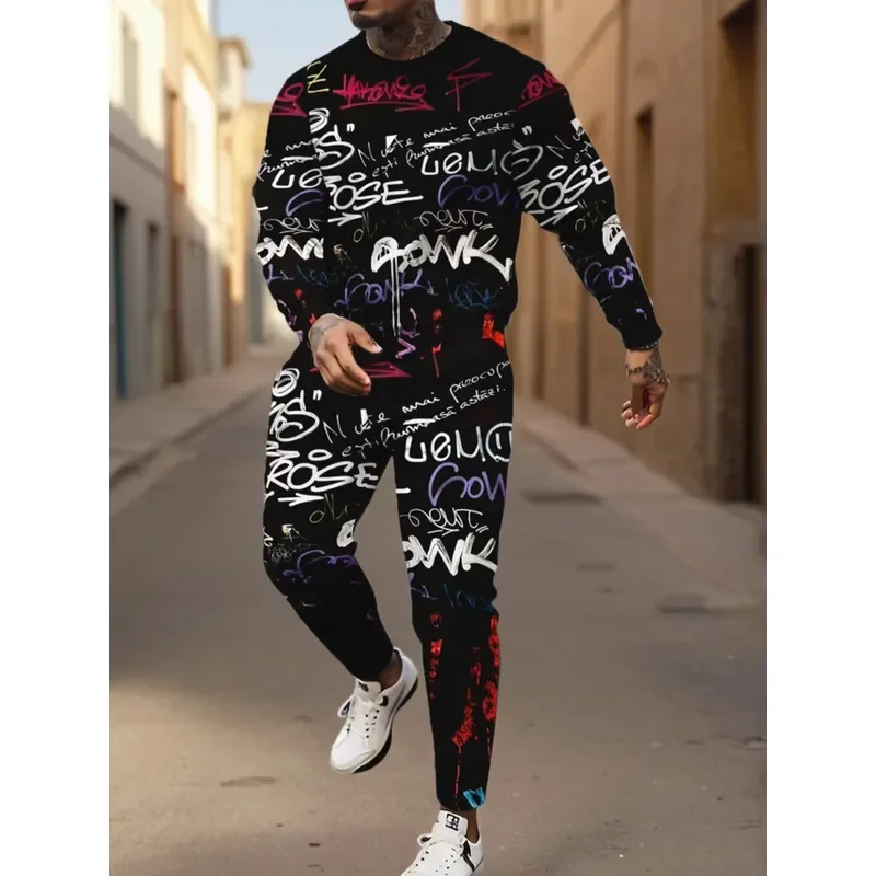 Men Round Neck Sweater Set 3D Graffiti Pattern Printed Casual Easy Matching Street Fashion Autumn Winter New Style Clothing