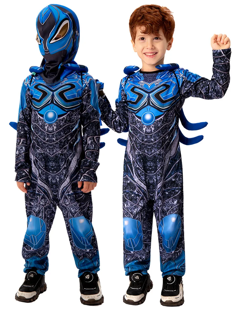 High Quality Super Hero Beetle Cosplay Blue Costume Spandex Jumpsuit Halloween for Kid