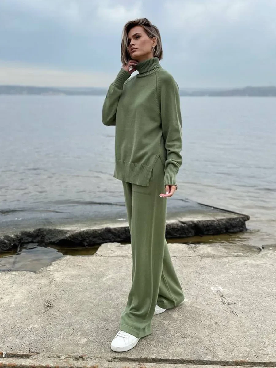 Blubelle Damen-Set, neuer Herbst-Winter-Rollkragenpullover, Strickpullover, weites Bein, Hose, 2-teiliges Set, weicher Stoff, lockere Passform, elastische Taille