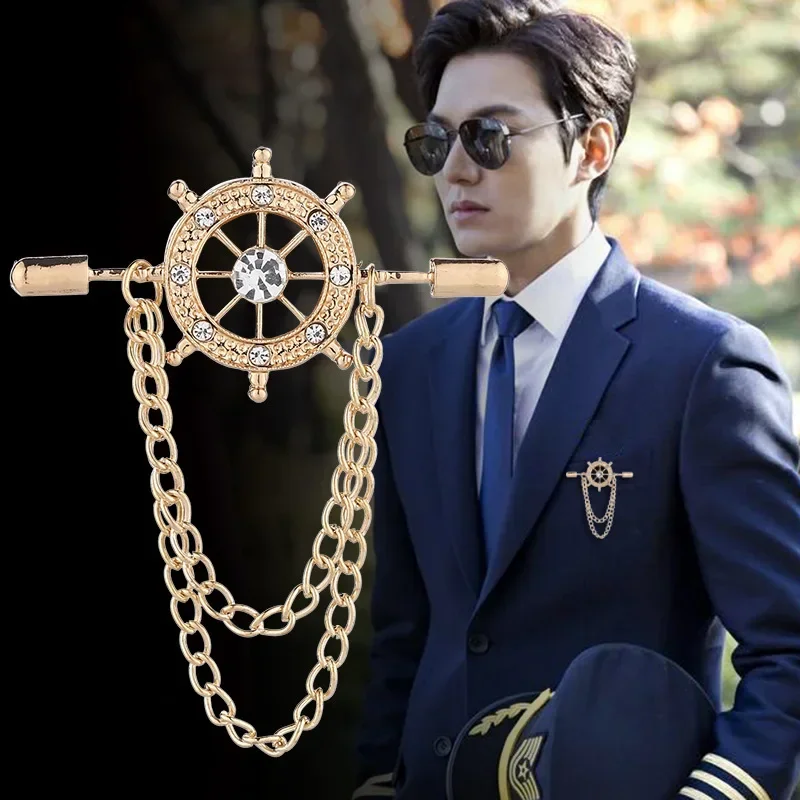 Koreańskie broszki z kryształami w stylu retro Granatowa broszka z sterem Szpilka z frędzlami Łańcuch Garnitur Koszula Odznaka Kołnierz Szpilka do klapy dla mężczyzn i kobiet Biżuteria
