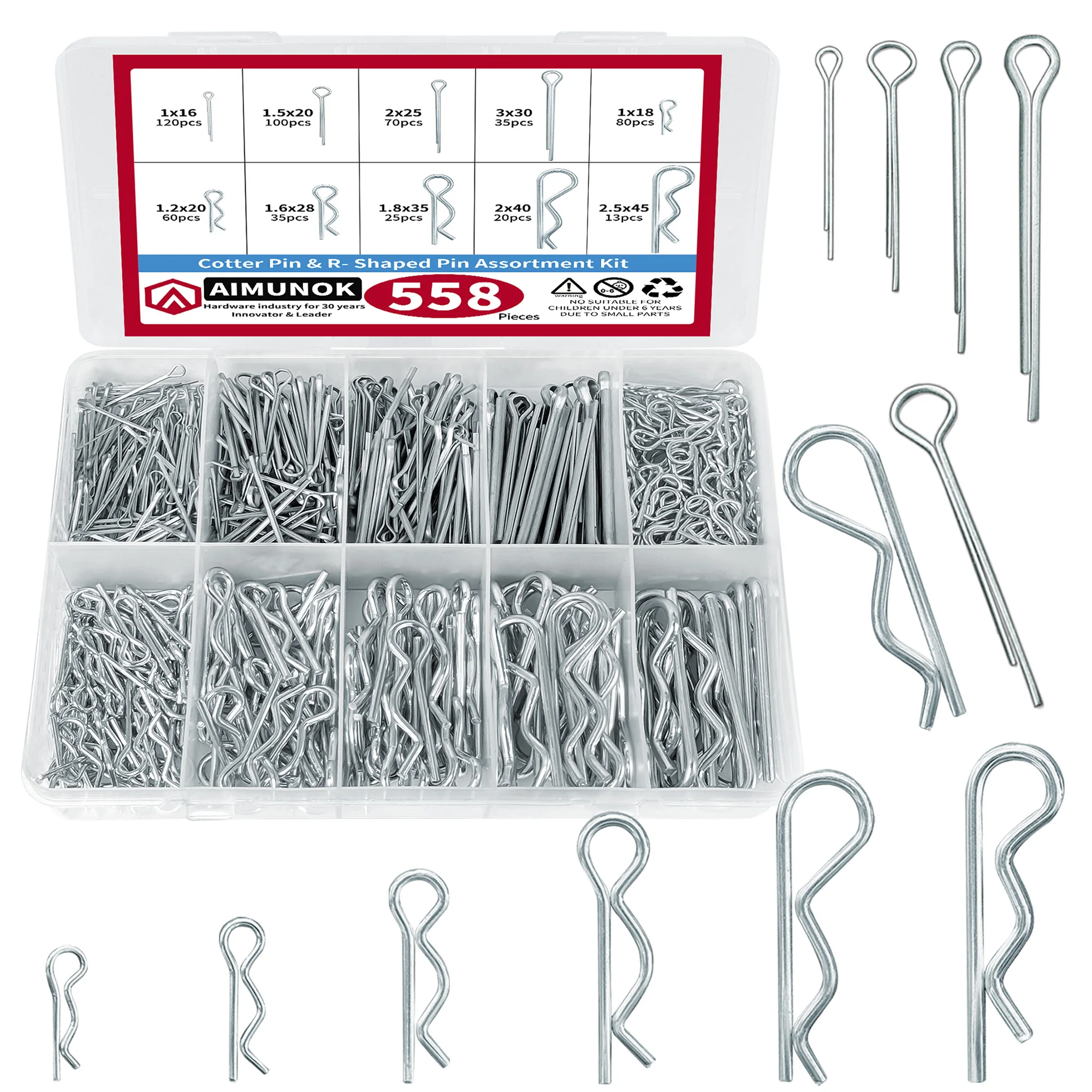 558pcs Cotter pins Assortment kit, Zinc Plated Steel Cotter Pin Hair Pin Hitch Pin Clips Fastener Fitting Assortment Kit