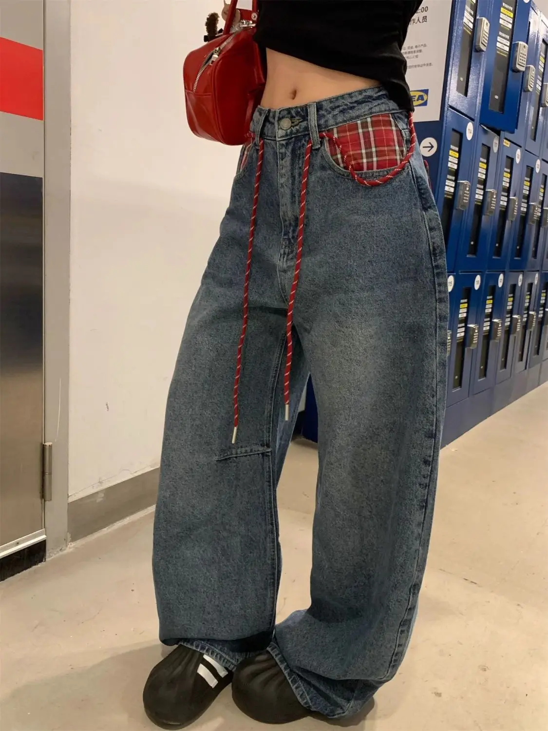 

Women's Grid Splicing Pocket High Waisted Blue Jeans Cool Girl Streetwear Wide Leg Trouser Female Casual Vintage Denim Pant