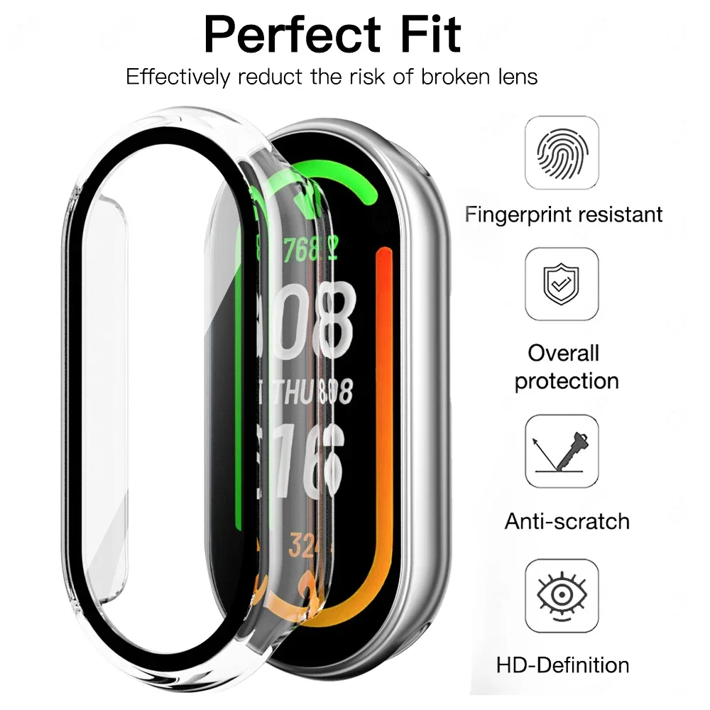 เคส PC แข็ง9 "สำหรับ Xiaomi Mi band 9" เคสกระจกเทมเปอร์ป้องกันเต็มรูปแบบอุปกรณ์เสริมสายรัดข้อมืออัจฉริยะ