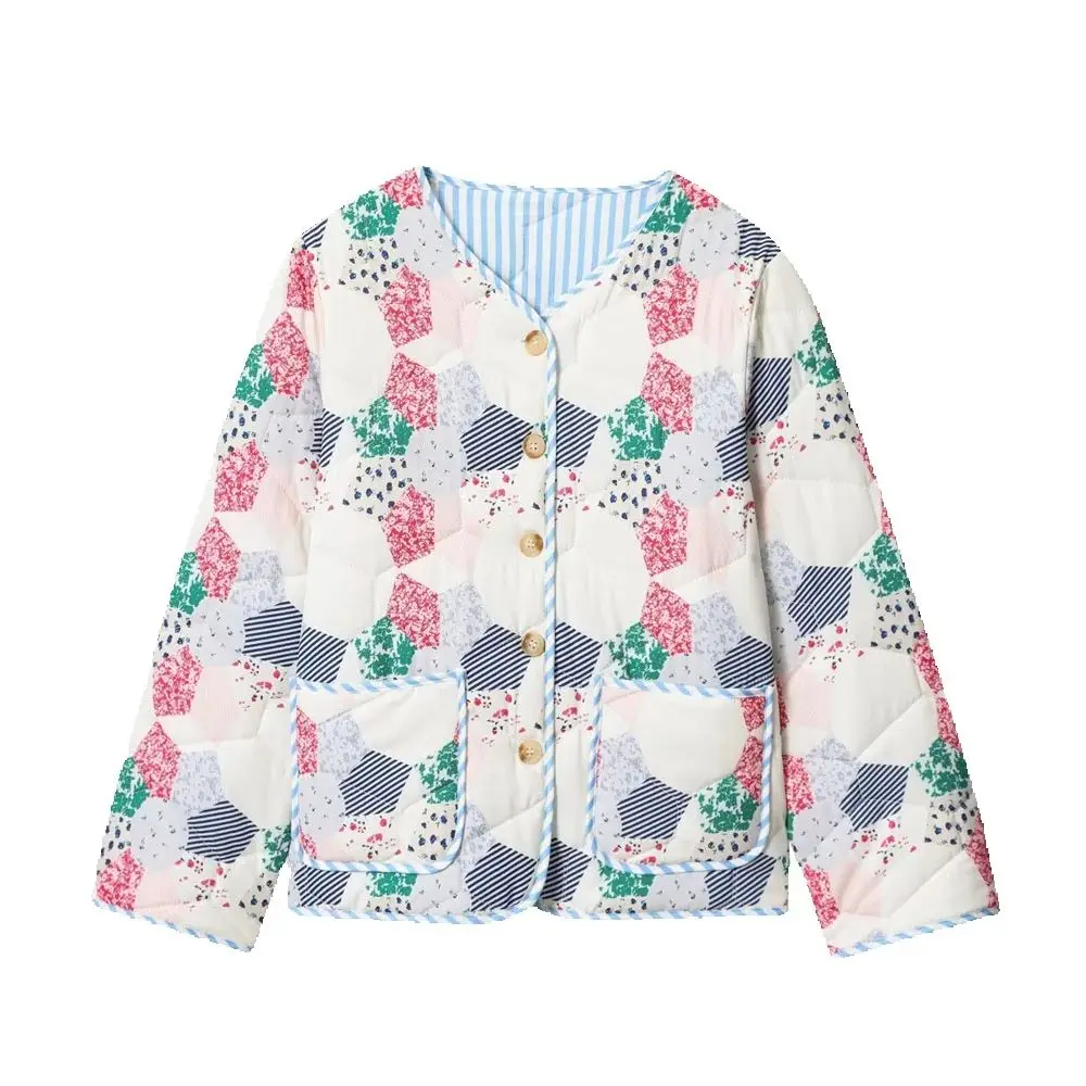 

Осенне-зимняя новая женская мода, простая и универсальная хлопковая куртка с длинными рукавами и v-образным вырезом с принтом