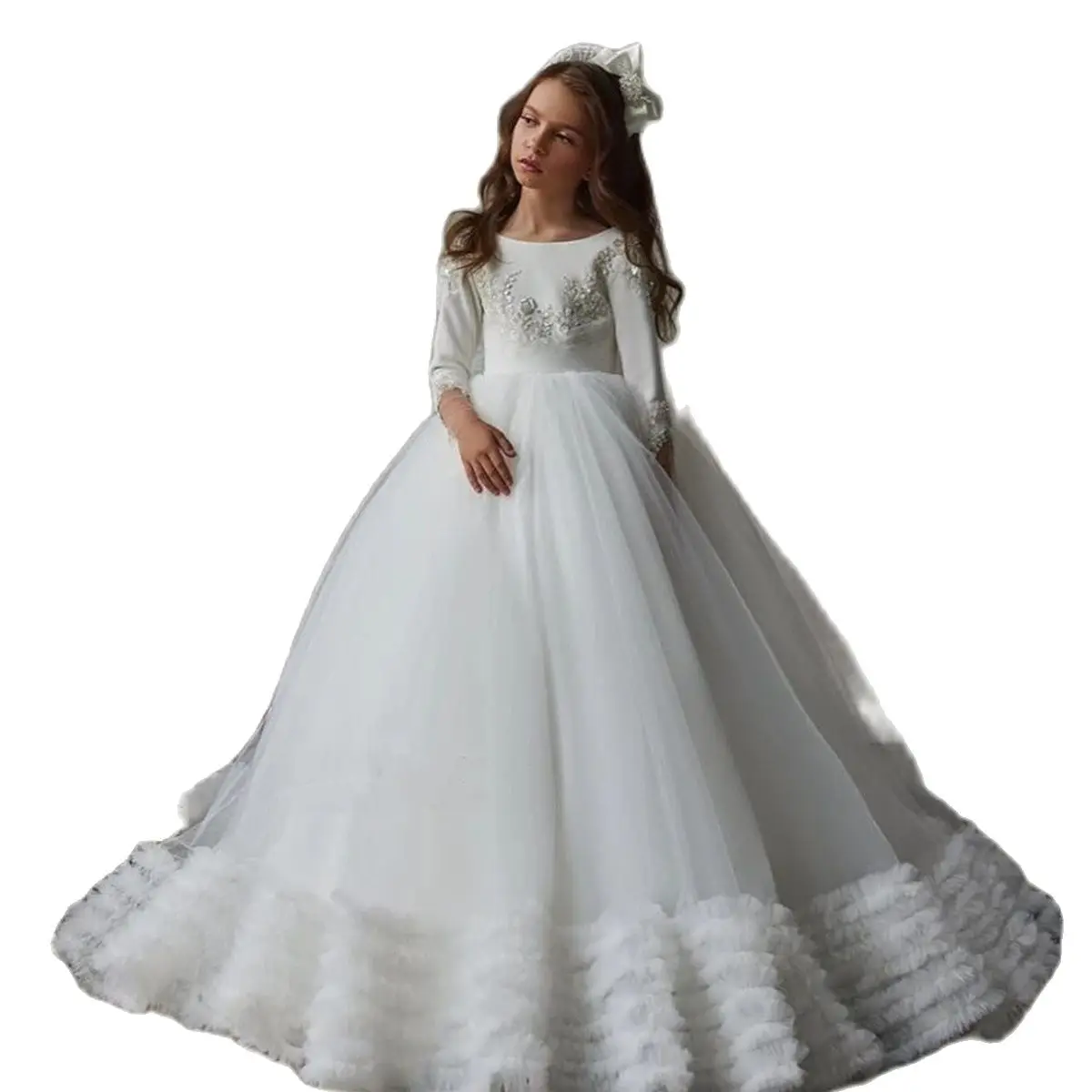 

White Fluffy Tulle Long Sleeved Ruffled Sequins Decorated Flower Girl Dress Wedding Elegant Little Child's First Communion Dress