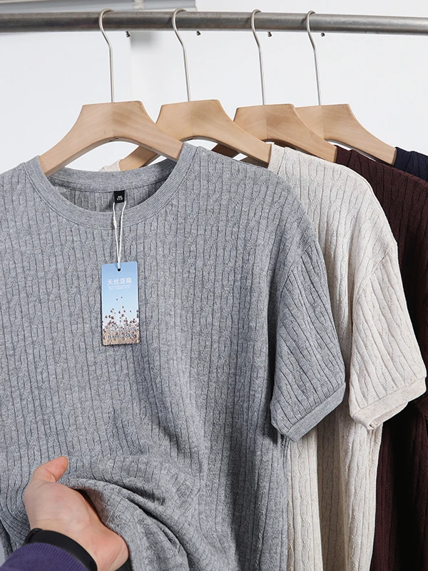 3D Relief Twisted Thread Knit!  Lyocell Linen! Spring Summer Men's Vintage 14 Needle Embroidery Knitted Short Sleeve Tr...