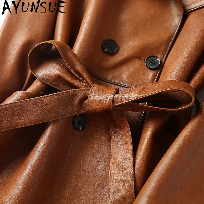 AYUNSUE-Veste en cuir de mouton véritable pour femme, manteau long combiné, ajout de coton, coupe couvertes, décontracté, automne, 2024