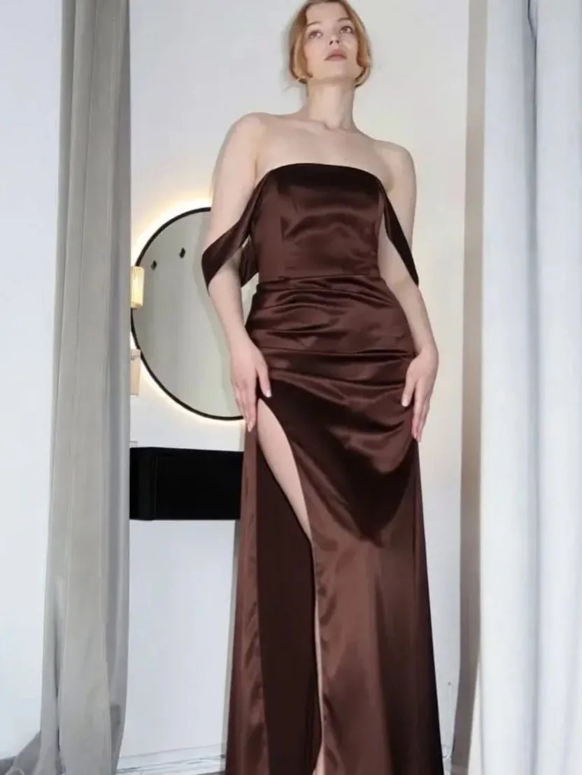 Lili's Chocolate Brown Satin Maxi Dress | Off Shoulder Draped High Slit Formal Gown for Women | Lilis Elegant Evening Party Dres