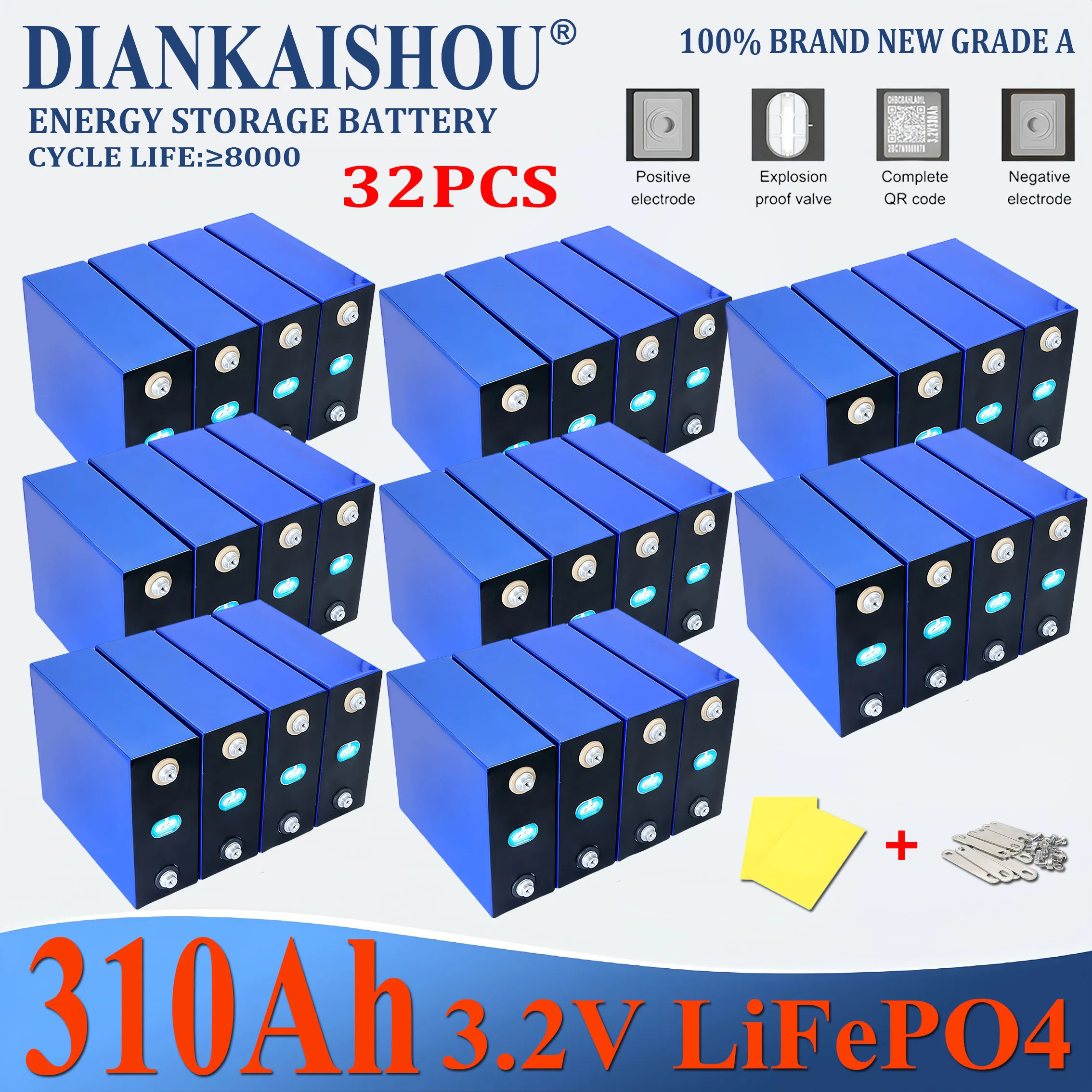 32PCS 3.2V 310Ah Lifepo4 Rechargeable Battery Lithium Iron Phosphate Travel Solar RV Campers Cell 48v batteries Grade A Tax Free