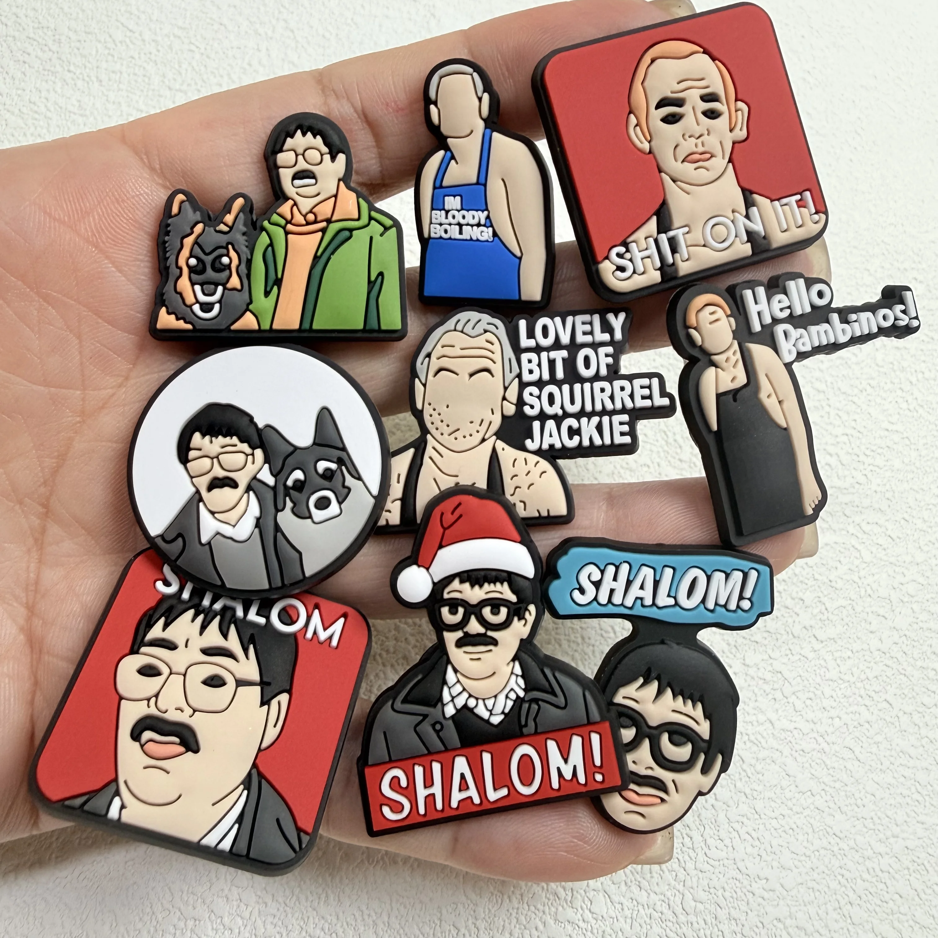 9-50Pcs Wholesale Shalom Dog PVC Shoe Decorations Hello Bambinos Man Slipper Button Charms For Funny Party Gift