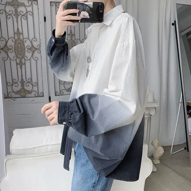 Spring Autumn New Fashion Turn-down Collar Long Sleeve Blouse Men\'s Clothing Gradient Color Casual Button Korean Trend Shirts