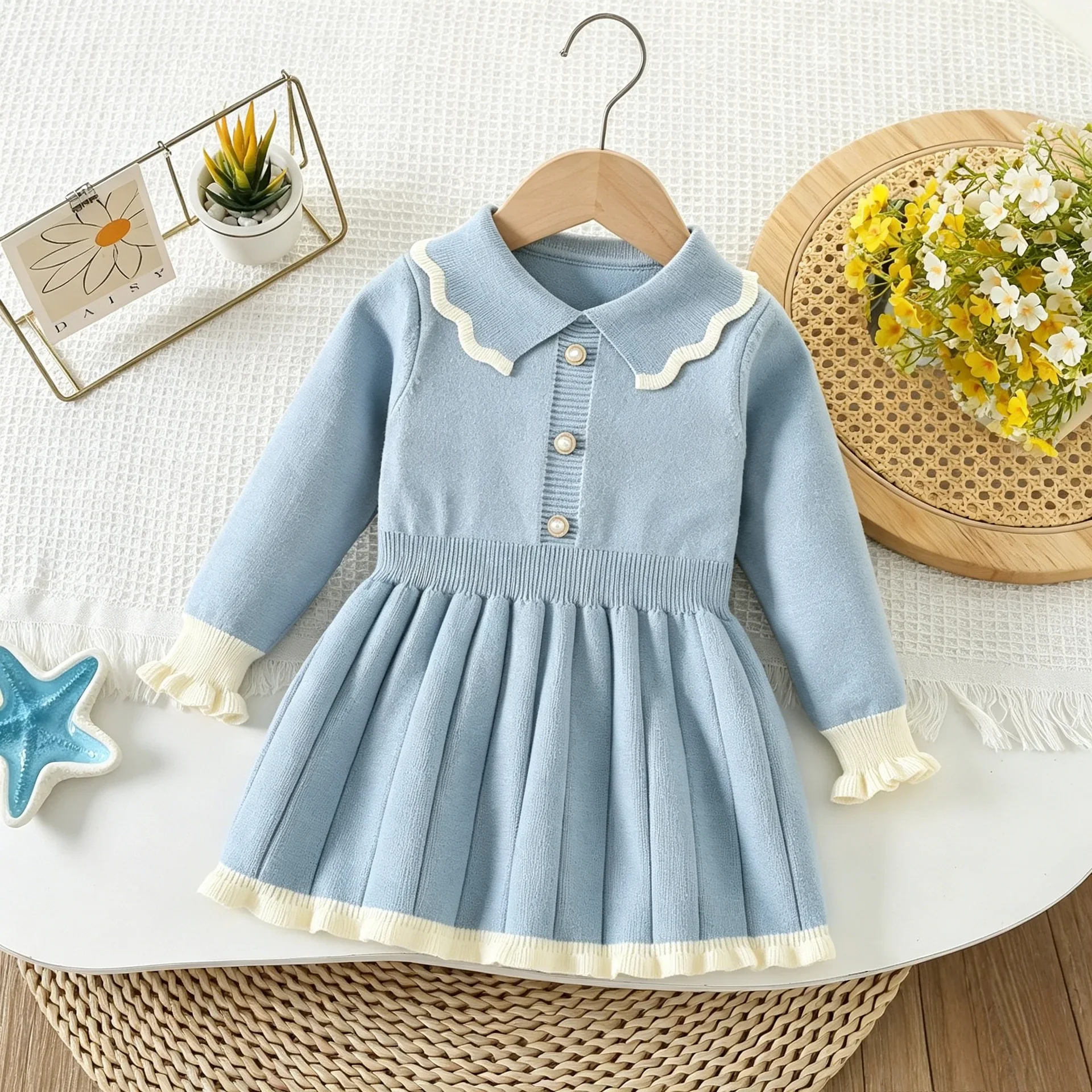 Sweet Pink Princess Dress Autumn and Winter Fashionable Color Blocked Long Sleeved Girls Dress Knitted Sweater Kids Clothing