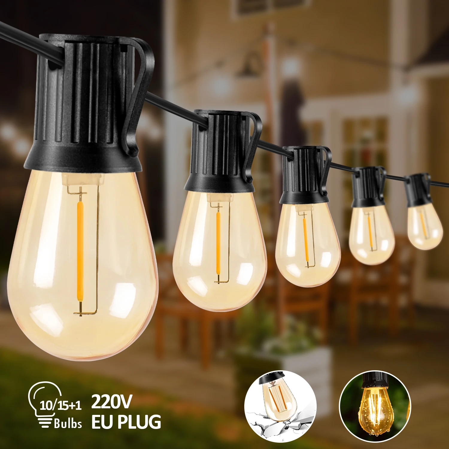 Guirnalda de luces de plástico S14 para exteriores, iluminación de calle conectable con enchufe europeo de 220V, cadena de luz Grillande, lámpara de decoración de boda