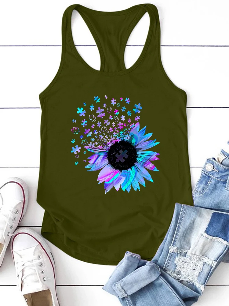 Seeyoushy Summer New Tank Tops Purple Sunflower Print Crew Neck Tee Shirts Casual Sleeveless Woman Tank  Top Mujer Women 2023