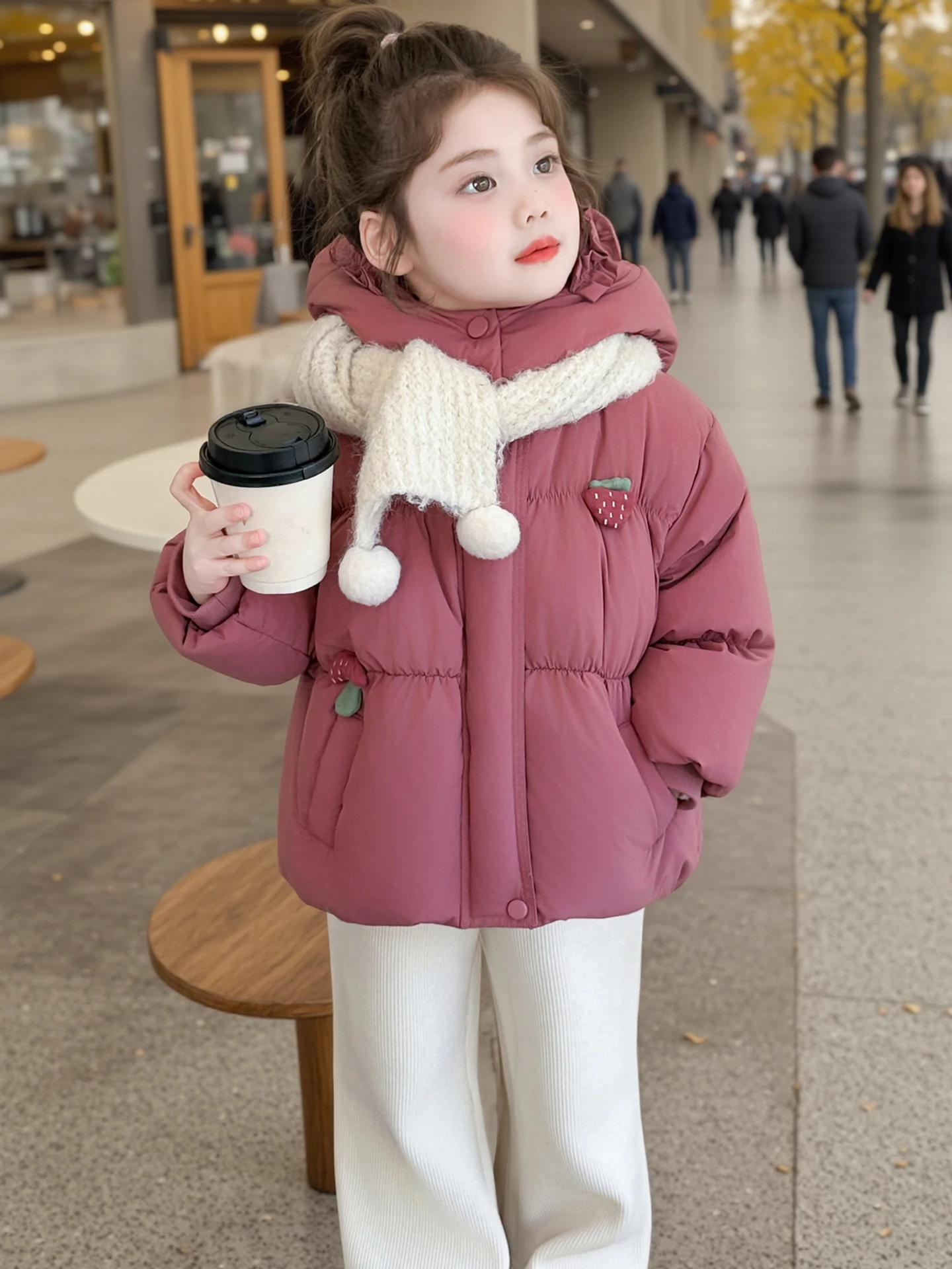 

Girls Stberry Print Mid-Length down Jaet Warm Cozy Princ Sle Long Sve Zipper Closure Winter Outerwear Coat