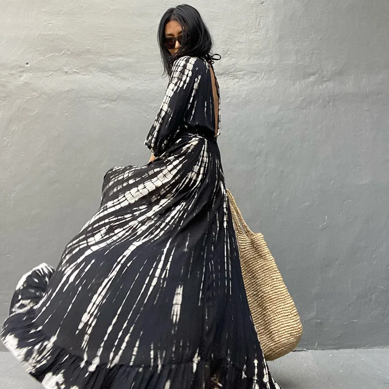 2026 New Women Tie‑Dye Wrap Beach Cover‑Up Maxi Dress V‑Neck 3/4 Sleeve Waist Belt Split Swim Cover‑up Robe, No Bikini Included