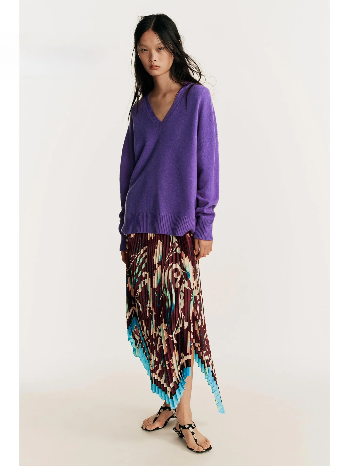 Unique Vintage Print Accordion Pleat Side Button Asymmetrical Hem Draping Half Skirt Women's mid Waist Straight Cut Skirt