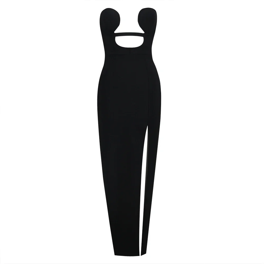 2024 New Summer Black Strapless Long Split  Bandage Dress Elegant Women\'s Evening Dress Wholesale Dropship