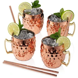 Copper Mugs Moscow Mule Set Of 4 - 18oz Moscow Mule Mugs - Stainless Steel Lining Pure Copper Plated Moscow Mule Cups - Diamond