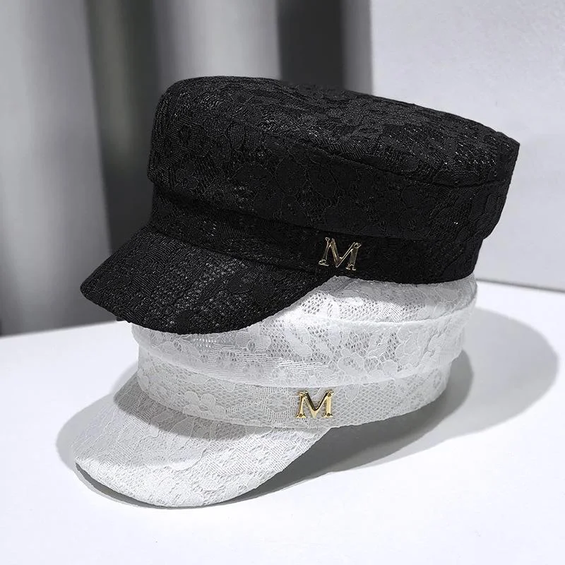 Gorras de mujer con letrero de Metal M, gorras de vendedor de periódicos sólidas florales de encaje, sombrero octogonal de primavera para mujer,