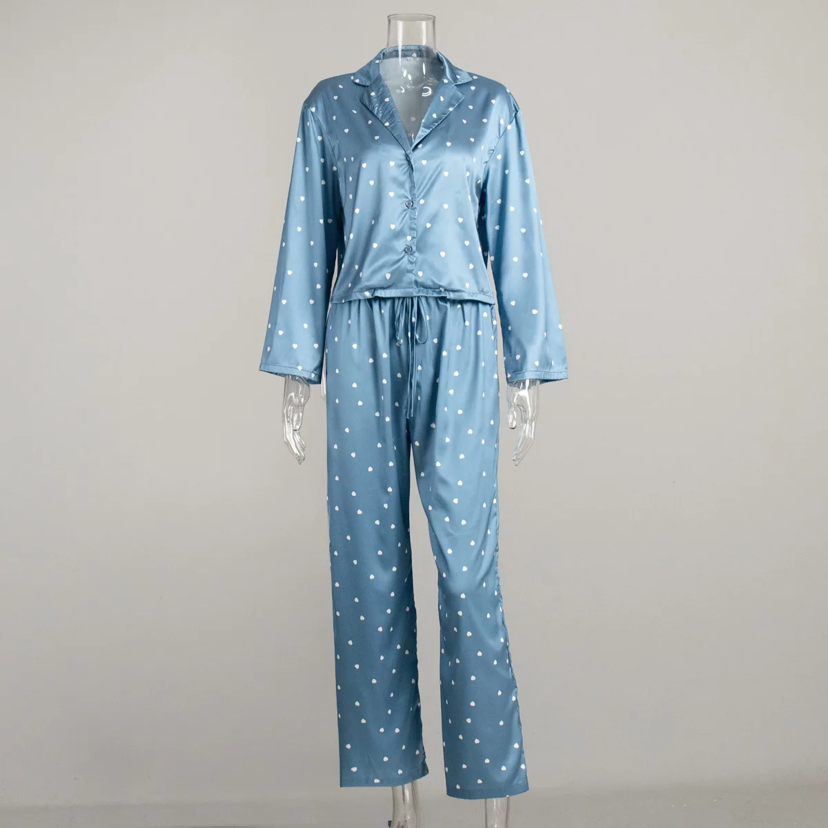 Autumn High Waist Wide Leg Pants Ladies Sweet Two Piece Set Spring Satin Polka Dots Long-Sleeve Blouse Two Piece Pant Suits