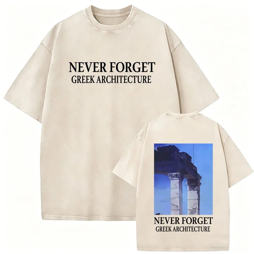 Gewaschenes Vintage-T-Shirt „NEVER FORGET GREEK ARCHITECTURE“ für Männer und Frauen, Retro-Baumwoll-T-Shirt, männliches Hip-Hop-Oversize-T-Shirt, Streetwear – Detail 6