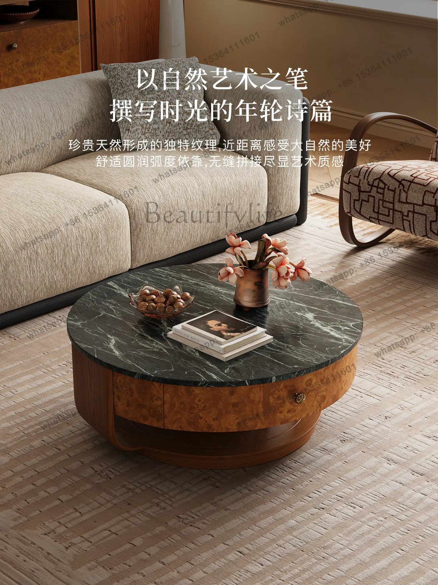 PG retro old money style living room marble coffee table medium ancient style round artistic sense small coffee table