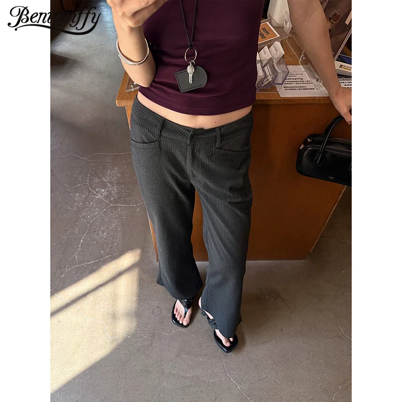 

Benuynffy Striped Casual Suit Pants Women 2026 Summer New Vintage Low Waist Office Ladies Streetwear Slim Flared Pants Female