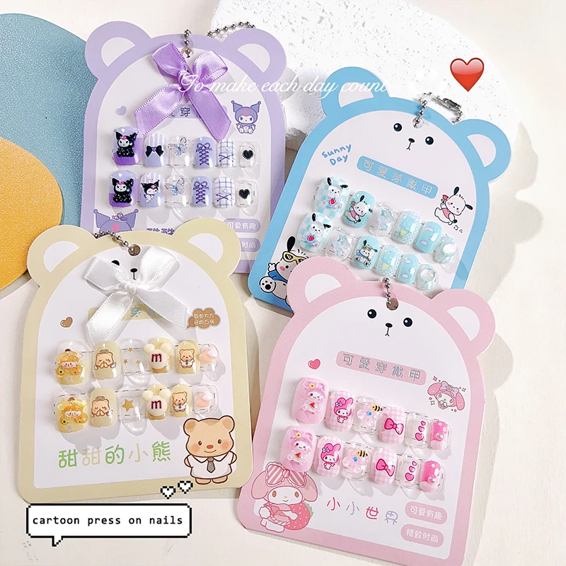 12pcs Lovely Cartoon Melody Kuromi Kids Press On Nails Kawaii Square Short False Nail For Girls Reusable Children's False Nails